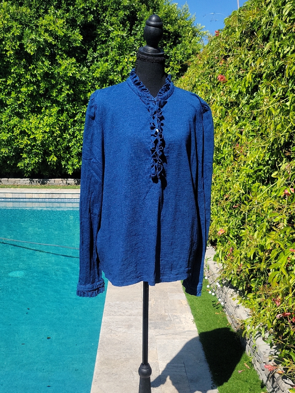 Boden Navy Ruffled 100% Cotton Ruched Shoulder Long Sleeve 16